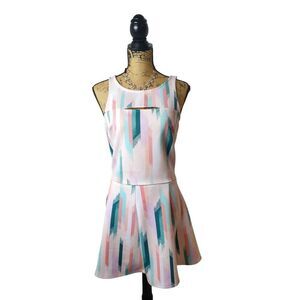 Decree Juniors 2 pc Crop Top Skater Skirt M Scuba Key Hole Pastel Pink Teal Chic